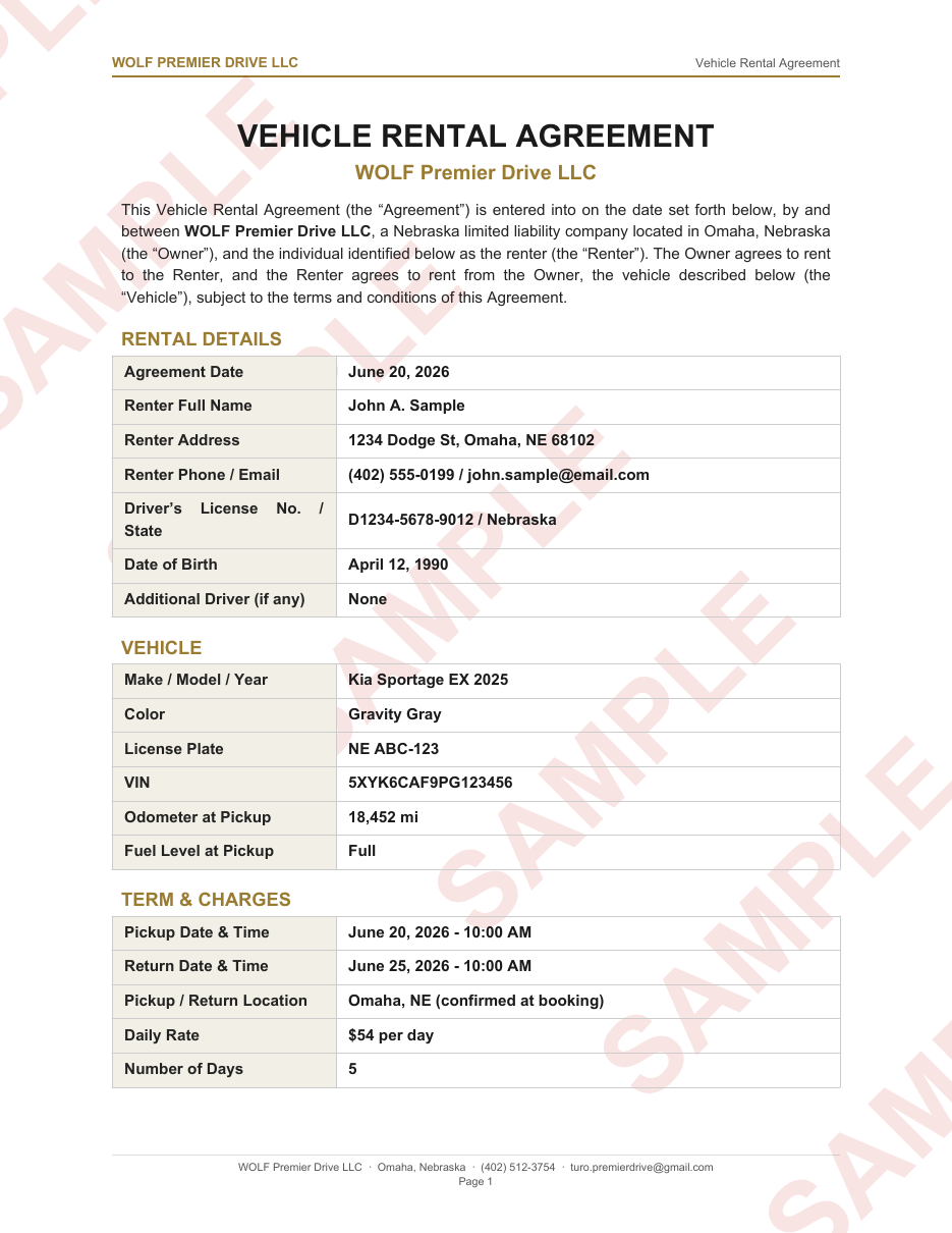 Sample rental agreement — renter and vehicle details filled in