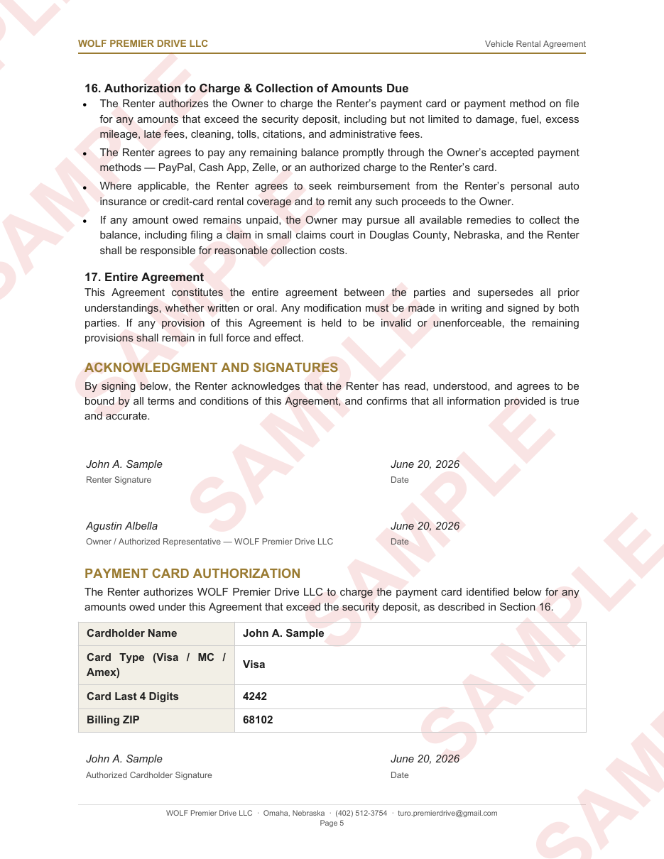Sample rental agreement — signatures page filled in